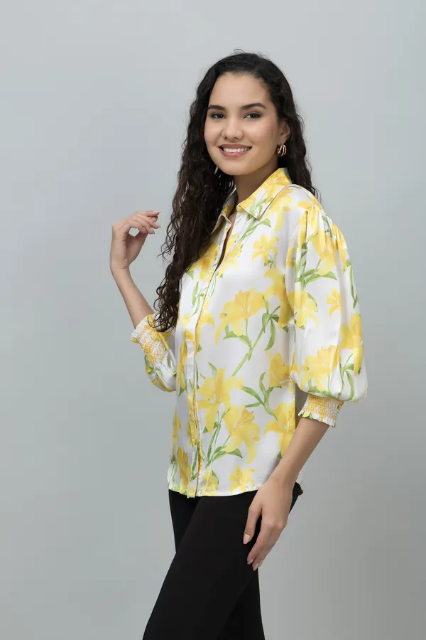 Yellow_&_White_Satin_Floral_Print_3/4Th_Sleeve_Hip_Length_Shirt_For_Women