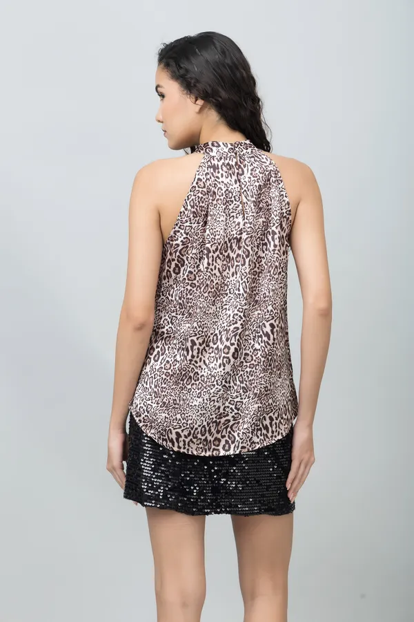 Brown_Satin_Animal_Print_Sleeveless_Halter_Neck_Hip_Length_Top_For_Women_&_Girls