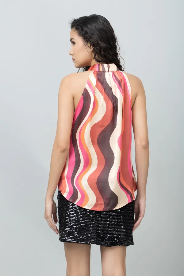 Orange,_Pink_&_White_Satin_Abstract_Sleeveless_Halter_Neck_Hip_Length_Top_For_Women_&_Girls