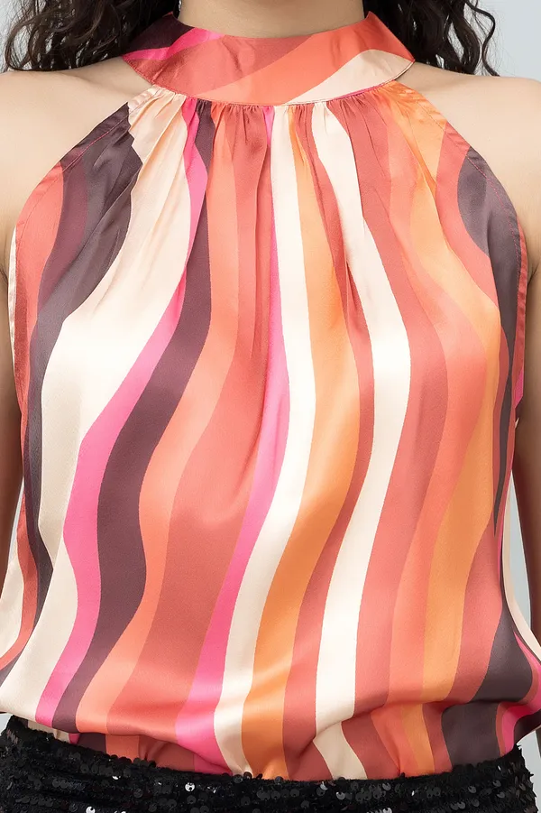 Orange,_Pink_&_White_Satin_Abstract_Sleeveless_Halter_Neck_Hip_Length_Top_For_Women_&_Girls