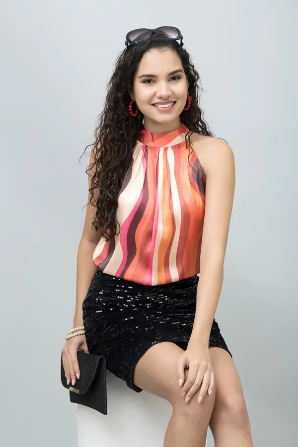 Orange,_Pink_&_White_Satin_Abstract_Sleeveless_Halter_Neck_Hip_Length_Top_For_Women_&_Girls