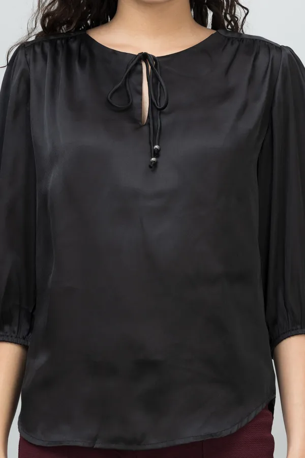 Black_Satin_Tie-Up_Printed_Regular_Sleeves_Hip_Length_Regular_Top_For_Women
