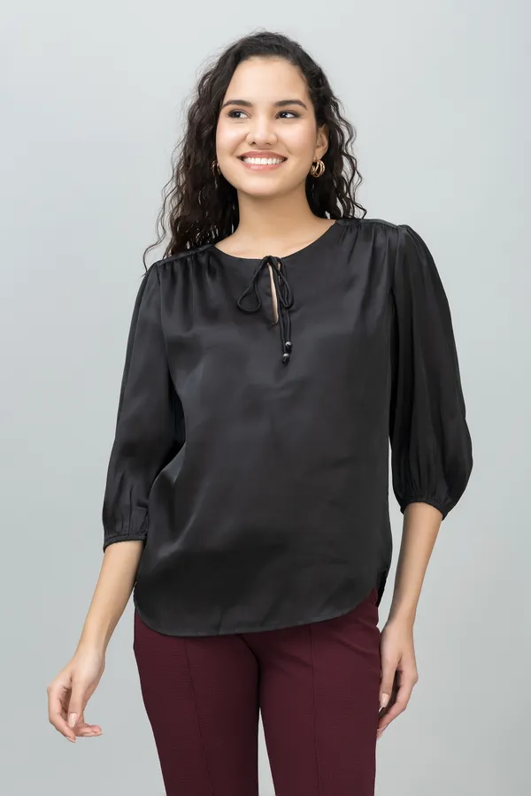 Black_Satin_Tie-Up_Printed_Regular_Sleeves_Hip_Length_Regular_Top_For_Women