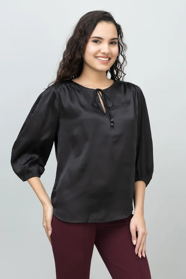 Black_Satin_Tie-Up_Printed_Regular_Sleeves_Hip_Length_Regular_Top_For_Women