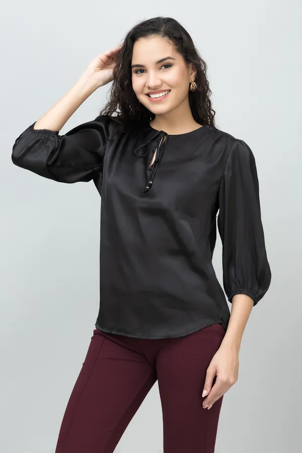 Black_Satin_Tie-Up_Printed_Regular_Sleeves_Hip_Length_Regular_Top_For_Women