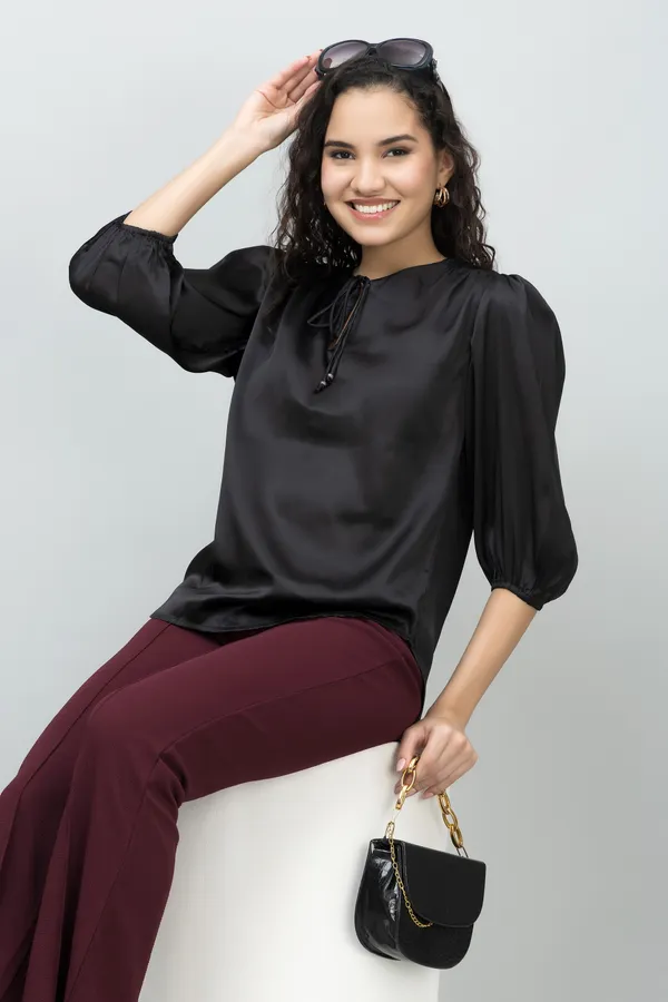 Black_Satin_Tie-Up_Printed_Regular_Sleeves_Hip_Length_Regular_Top_For_Women