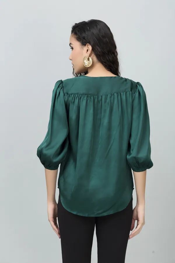 Dark_Green_Satin_Tie-Up_Printed_Regular_Sleeves_Hip_Length_Regular_Top_For_Women