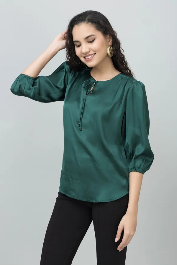 Dark_Green_Satin_Tie-Up_Printed_Regular_Sleeves_Hip_Length_Regular_Top_For_Women