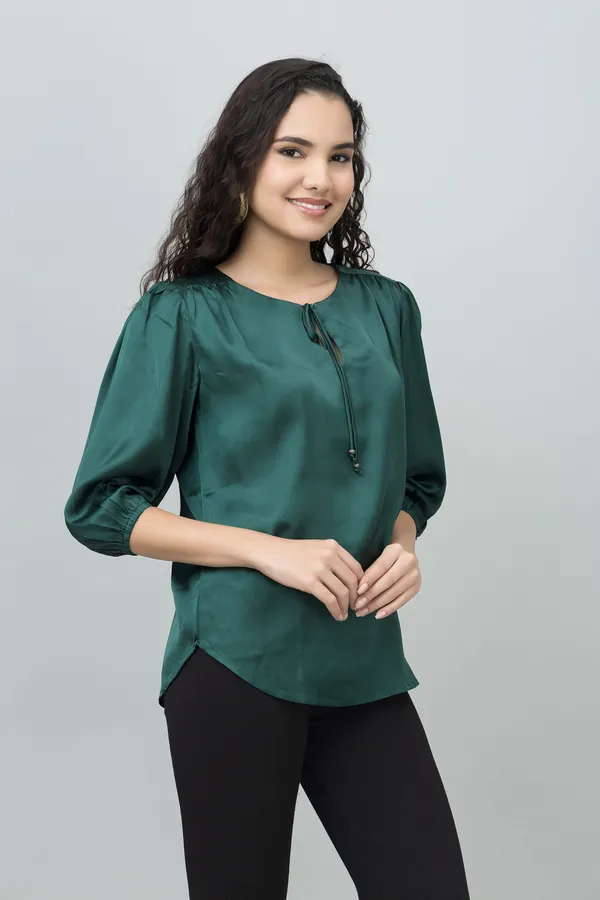 Dark_Green_Satin_Tie-Up_Printed_Regular_Sleeves_Hip_Length_Regular_Top_For_Women