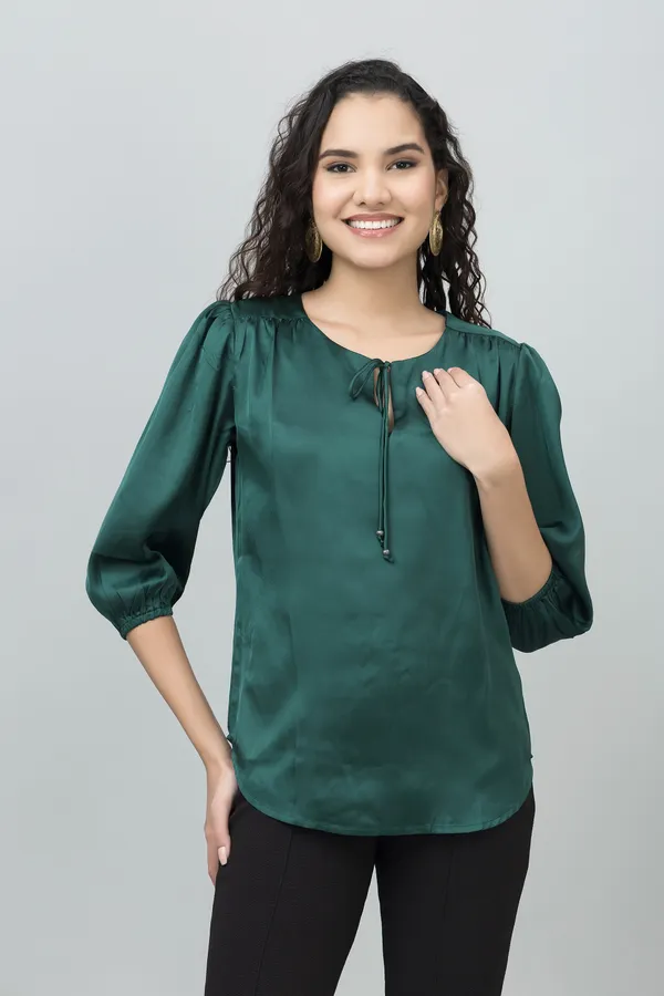 Dark_Green_Satin_Tie-Up_Printed_Regular_Sleeves_Hip_Length_Regular_Top_For_Women