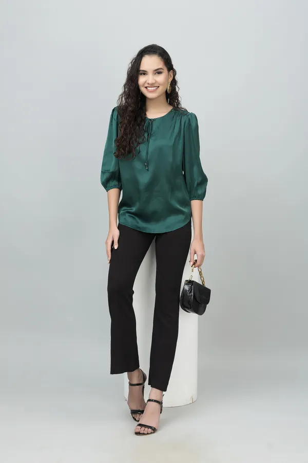 Dark_Green_Satin_Tie-Up_Printed_Regular_Sleeves_Hip_Length_Regular_Top_For_Women