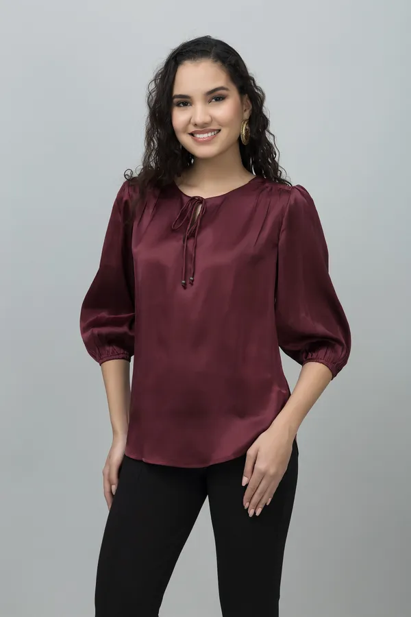 Maroon_Satin_Tie-Up_Printed_Regular_Sleeves_Hip_Length_Regular_Top_For_Women