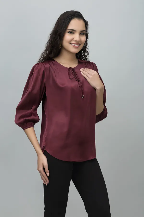 Maroon_Satin_Tie-Up_Printed_Regular_Sleeves_Hip_Length_Regular_Top_For_Women