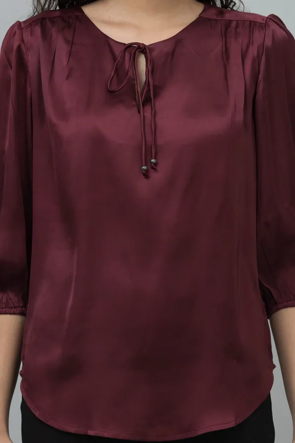 Maroon_Satin_Tie-Up_Printed_Regular_Sleeves_Hip_Length_Regular_Top_For_Women