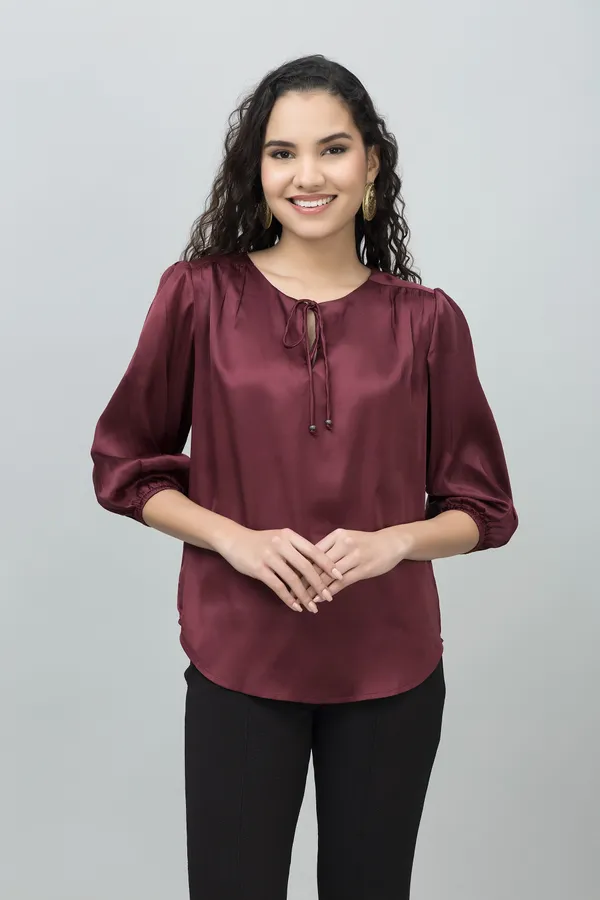 Maroon_Satin_Tie-Up_Printed_Regular_Sleeves_Hip_Length_Regular_Top_For_Women