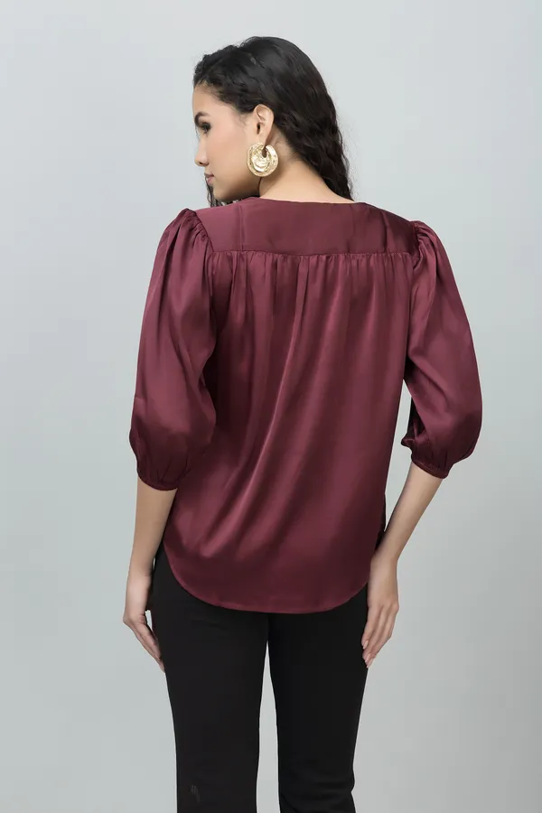 Maroon_Satin_Tie-Up_Printed_Regular_Sleeves_Hip_Length_Regular_Top_For_Women