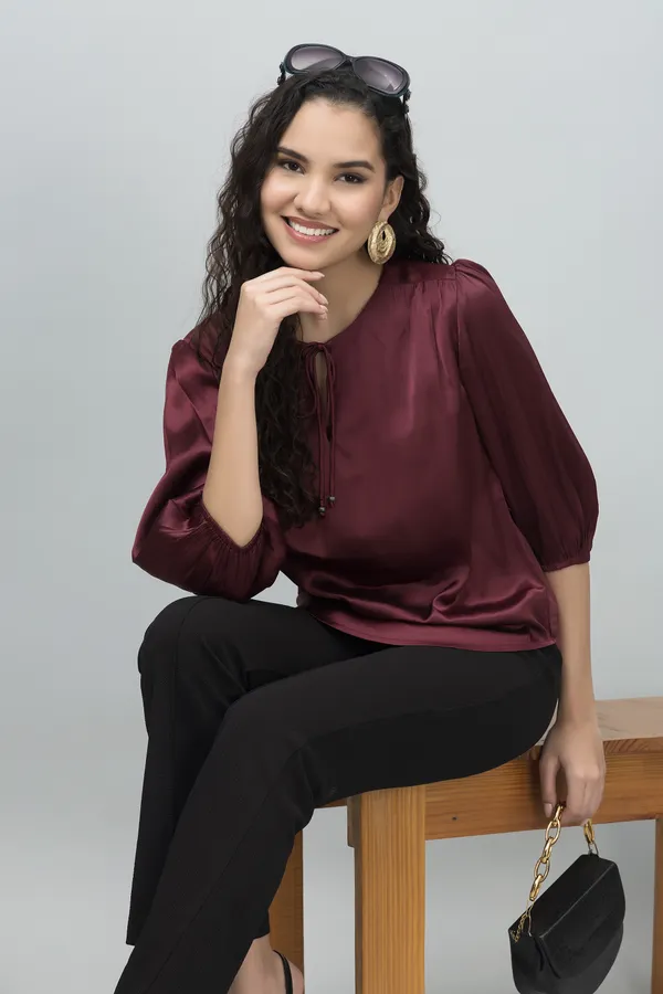 Maroon_Satin_Tie-Up_Printed_Regular_Sleeves_Hip_Length_Regular_Top_For_Women