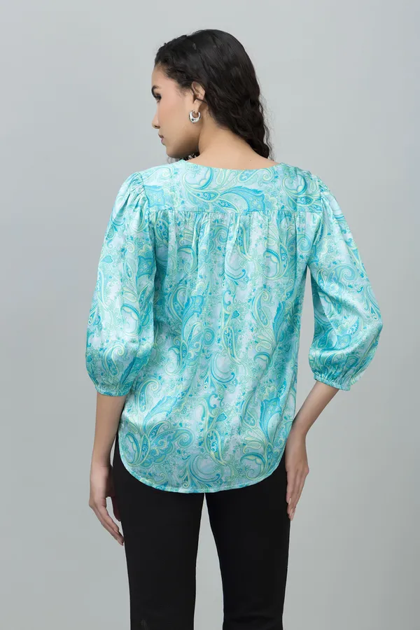 Blue_Satin_Tie-Up_Printed_Regular_Sleeves_Hip_Length_Regular_Top_For_Women
