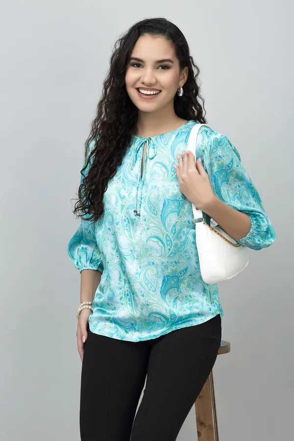 Blue_Satin_Tie-Up_Printed_Regular_Sleeves_Hip_Length_Regular_Top_For_Women