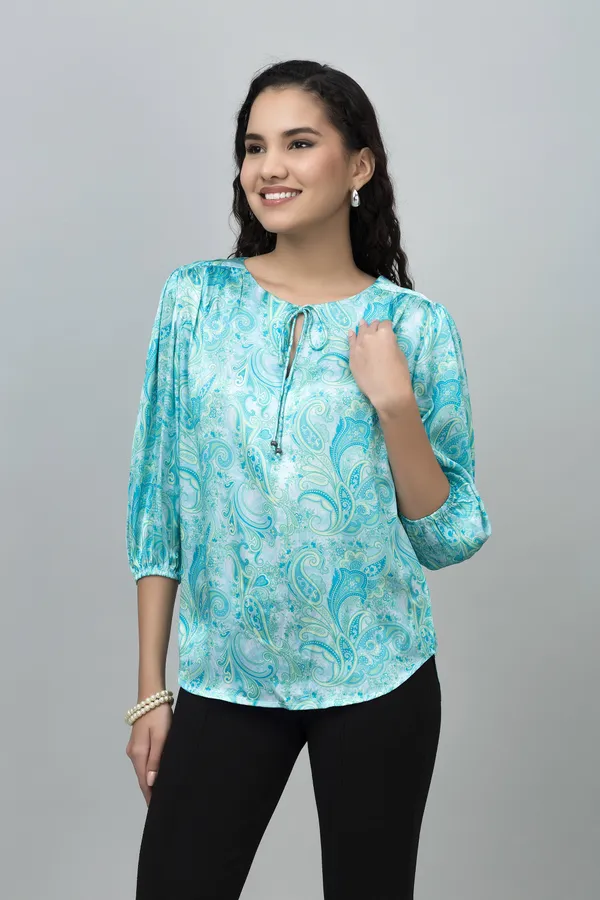 Blue_Satin_Tie-Up_Printed_Regular_Sleeves_Hip_Length_Regular_Top_For_Women