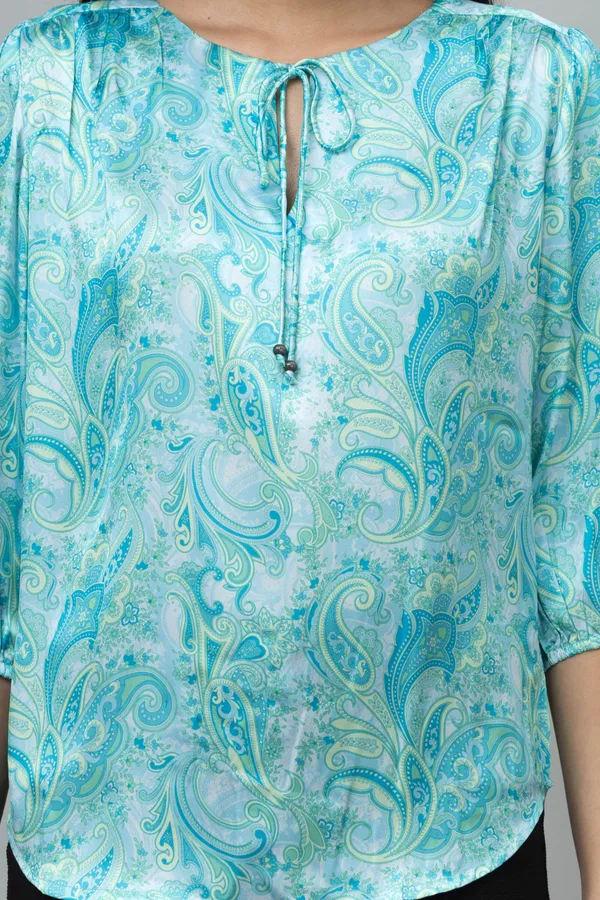 Blue_Satin_Tie-Up_Printed_Regular_Sleeves_Hip_Length_Regular_Top_For_Women
