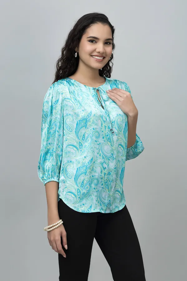 Blue_Satin_Tie-Up_Printed_Regular_Sleeves_Hip_Length_Regular_Top_For_Women