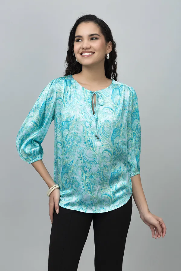 Blue_Satin_Tie-Up_Printed_Regular_Sleeves_Hip_Length_Regular_Top_For_Women