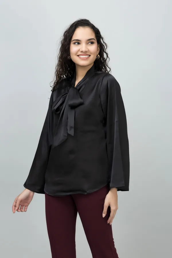 Black_Satin_Solid_Full_Sleeve_Tie-Up_Hip_Length_Top_For_Women_&_Girls