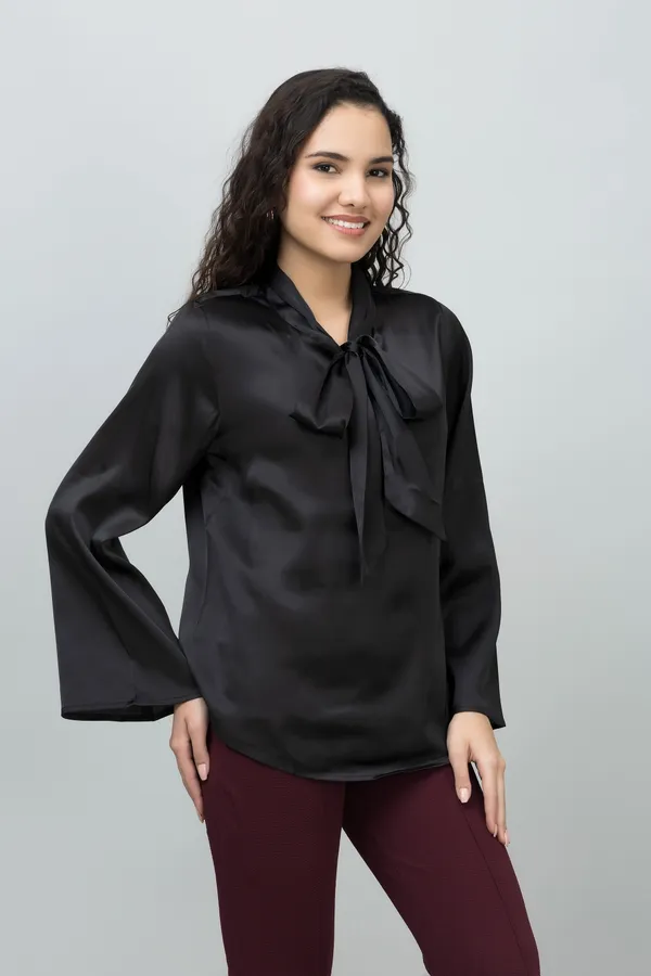 Black_Satin_Solid_Full_Sleeve_Tie-Up_Hip_Length_Top_For_Women_&_Girls