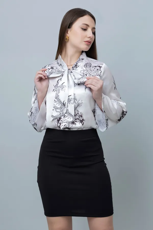White_Asian_Print_Casual_Satin_Top_For_Women