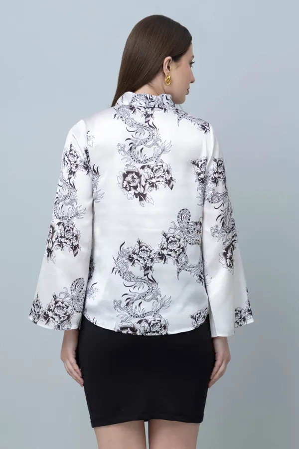 White_Asian_Print_Casual_Satin_Top_For_Women