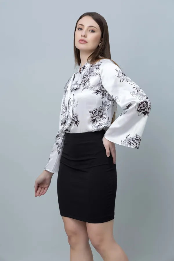 White_Asian_Print_Casual_Satin_Top_For_Women