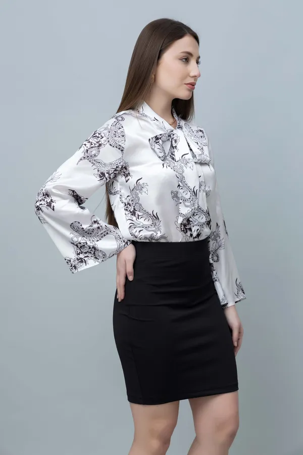 White_Asian_Print_Casual_Satin_Top_For_Women