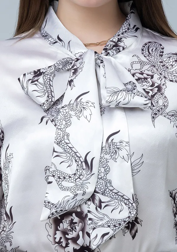 White_Asian_Print_Casual_Satin_Top_For_Women