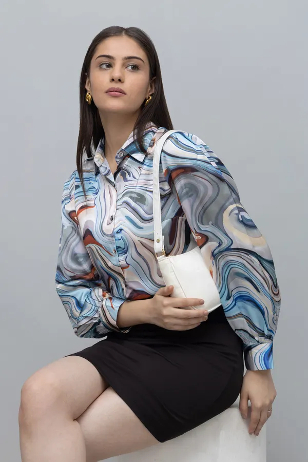 Grey,_Blue_&_White_Satin_Abstract_Full_Sleeve_Spread_Collar_Hip_Length_Shirt_For_Women_&_Girls