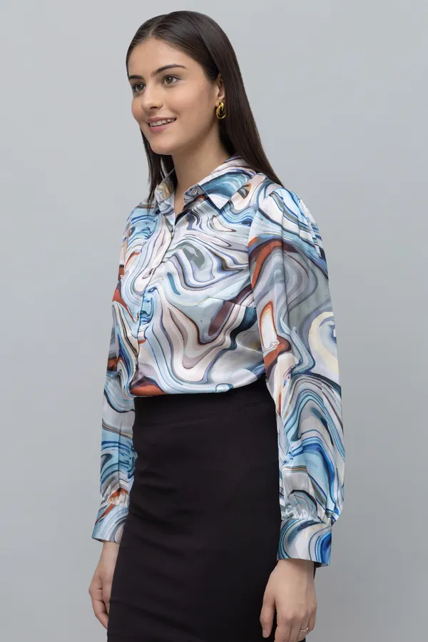 Grey,_Blue_&_White_Satin_Abstract_Full_Sleeve_Spread_Collar_Hip_Length_Shirt_For_Women_&_Girls
