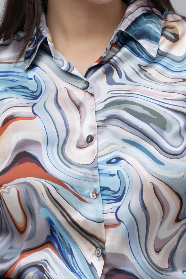 Grey,_Blue_&_White_Satin_Abstract_Full_Sleeve_Spread_Collar_Hip_Length_Shirt_For_Women_&_Girls