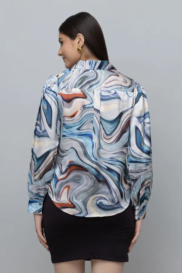Grey,_Blue_&_White_Satin_Abstract_Full_Sleeve_Spread_Collar_Hip_Length_Shirt_For_Women_&_Girls