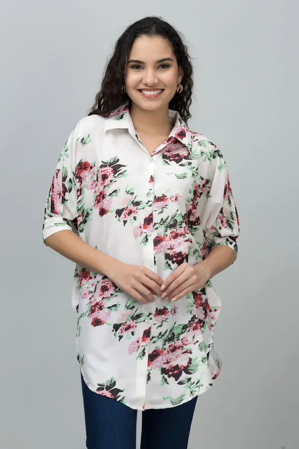 Beige,_Green_&_Red_Muslin_Floral_Print_Half_Sleeve_Spread_Collar_Hip_Length_Shirt_For_Women_&_Girls