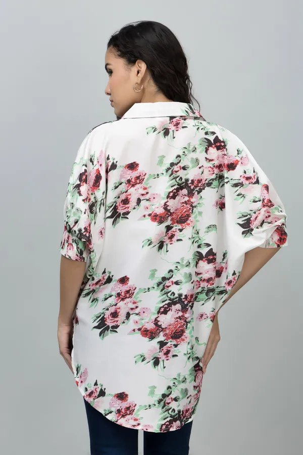 Beige,_Green_&_Red_Muslin_Floral_Print_Half_Sleeve_Spread_Collar_Hip_Length_Shirt_For_Women_&_Girls