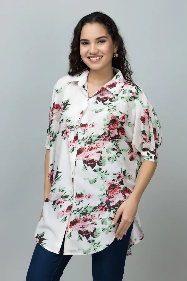 Beige,_Green_&_Red_Muslin_Floral_Print_Half_Sleeve_Spread_Collar_Hip_Length_Shirt_For_Women_&_Girls