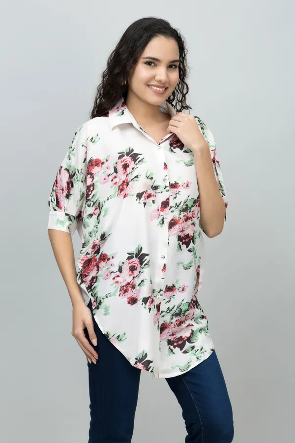 Beige,_Green_&_Red_Muslin_Floral_Print_Half_Sleeve_Spread_Collar_Hip_Length_Shirt_For_Women_&_Girls