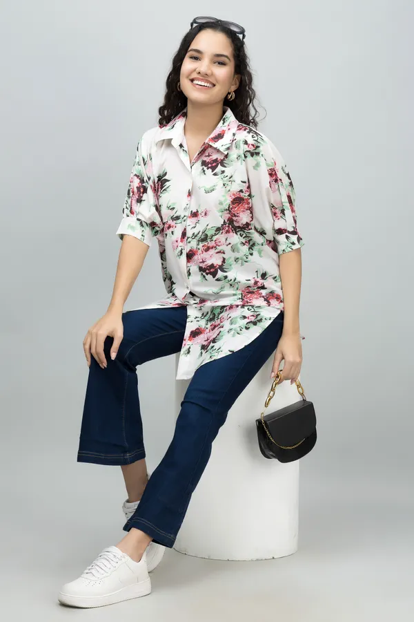 Beige,_Green_&_Red_Muslin_Floral_Print_Half_Sleeve_Spread_Collar_Hip_Length_Shirt_For_Women_&_Girls