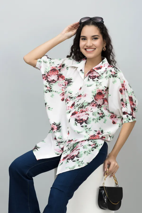 Beige,_Green_&_Red_Muslin_Floral_Print_Half_Sleeve_Spread_Collar_Hip_Length_Shirt_For_Women_&_Girls