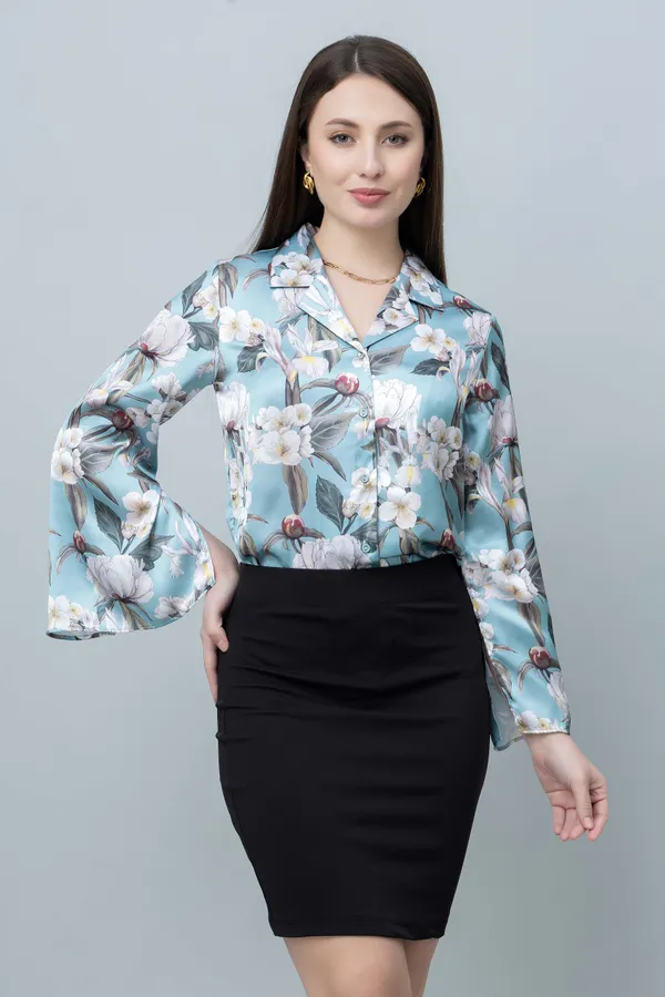 Sky_Blue_Satin_Floral_Print_Full_Sleeve_Hip_Length_Shirt_For_Women