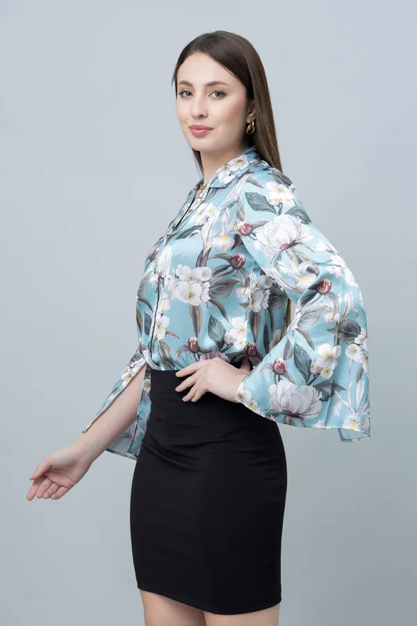 Sky_Blue_Satin_Floral_Print_Full_Sleeve_Hip_Length_Shirt_For_Women