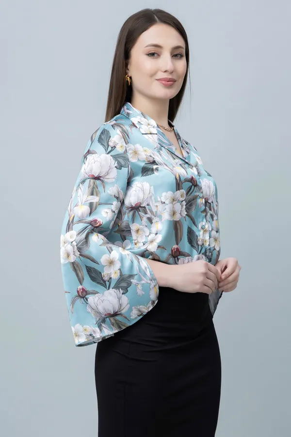 Sky_Blue_Satin_Floral_Print_Full_Sleeve_Hip_Length_Shirt_For_Women