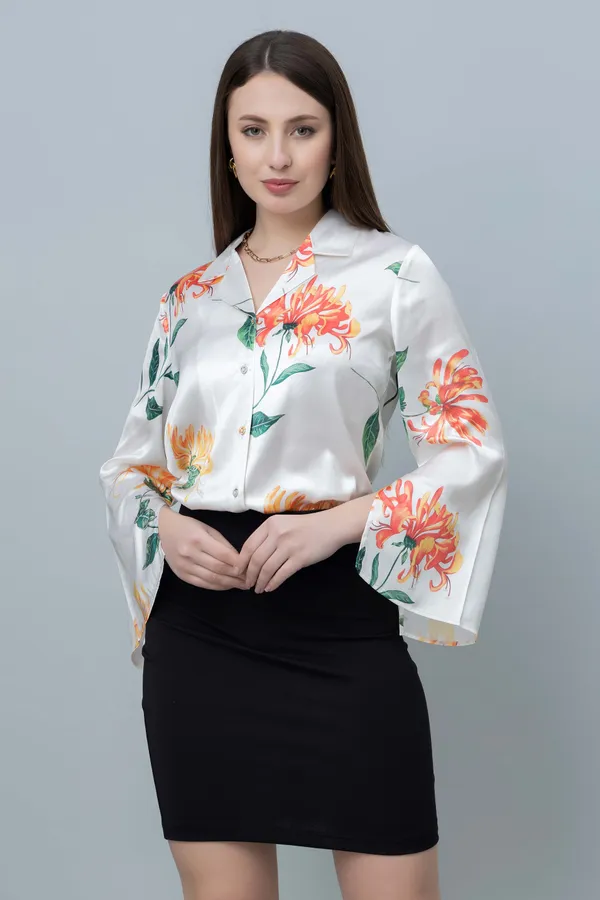White_&_Orange_Satin_Floral_Print_Full_Sleeve_Hip_Length_Shirt_For_Women