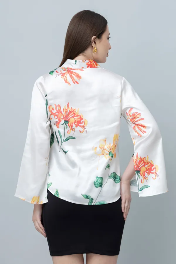 White_&_Orange_Satin_Floral_Print_Full_Sleeve_Hip_Length_Shirt_For_Women