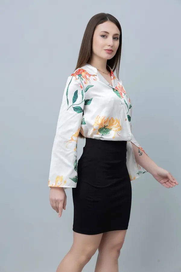 White_&_Orange_Satin_Floral_Print_Full_Sleeve_Hip_Length_Shirt_For_Women